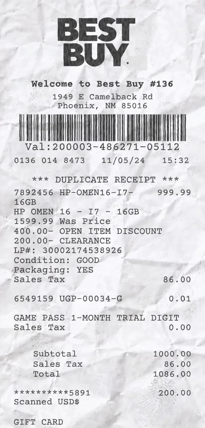 Vista previa de un recibo Best Buy con compras y totales detallados