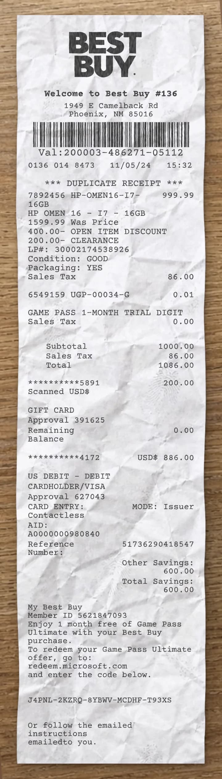Best Buy receipt sample with itemized retail purchases and total summary