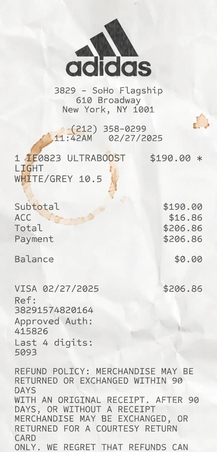 Vista previa de un recibo Adidas con compras y totales detallados