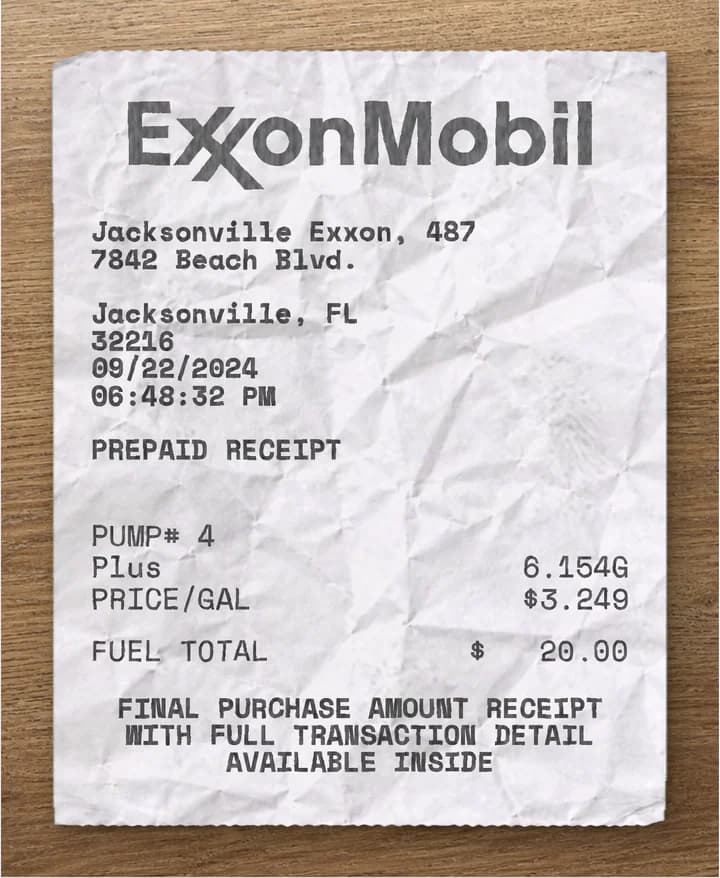 Vista previa de la plantilla de recibo ExxonMobil