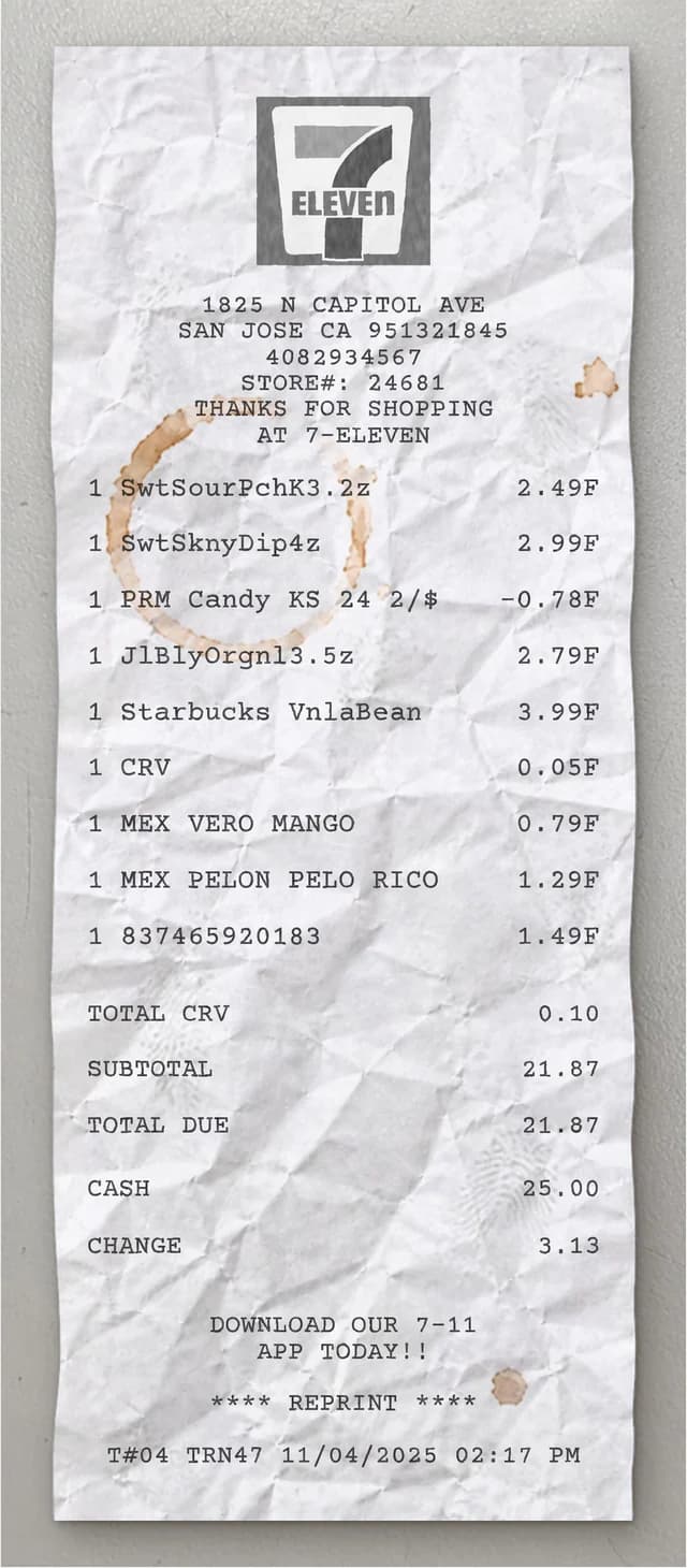 Vista previa del recibo 7 Eleven