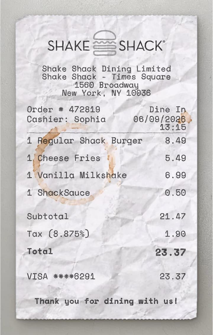 Vista previa del recibo Shake Shack